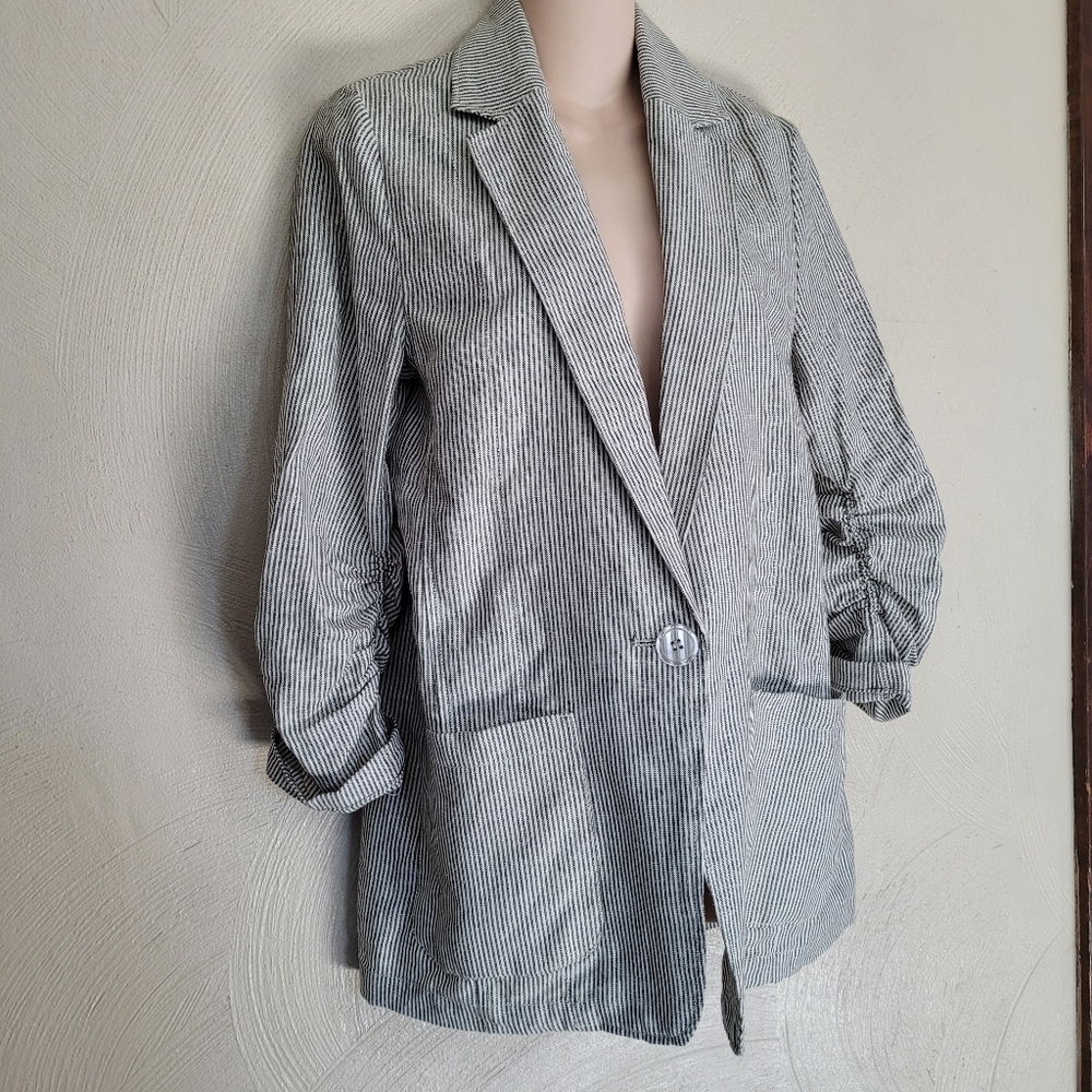 Max Studio White and Green Striped Linen Ruched Sleeve Blazer Size Women's Small - Picture 6 of 12